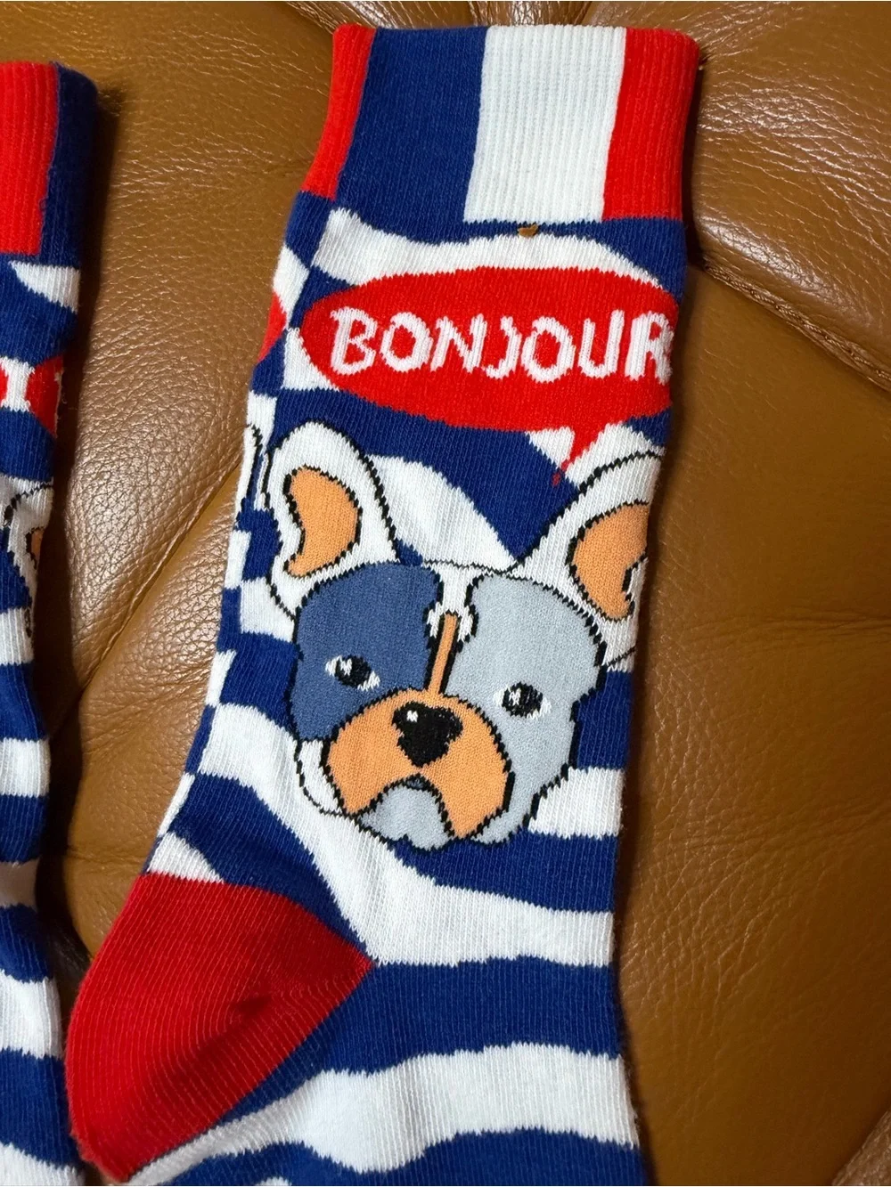 🐶🇫🇷 Bonjour French Bulldog Stripe Dog Socks - Blue, White & Red Unisex Medium